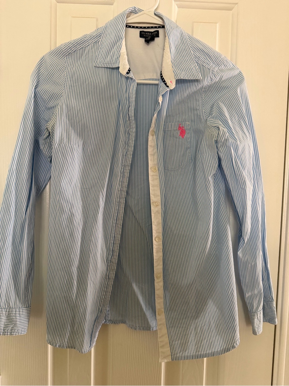 U.S. Polo Assn. Light Blue and White Pinstripe Button-Down Shirt with Pink Logo